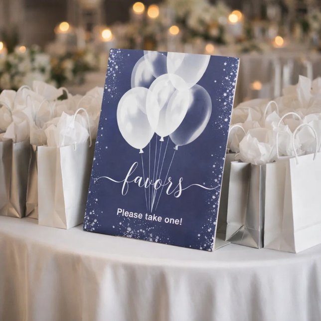 Navy blue silver glitter balloons favors guest pedestal sign (Creator Uploaded)