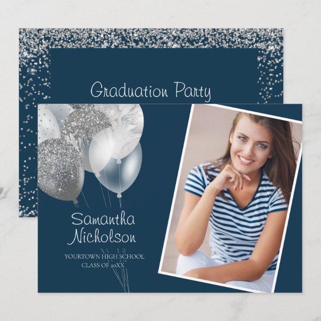 Navy Blue Silver Glitter Balloons Grad Party Photo Invitation (Front/Back)