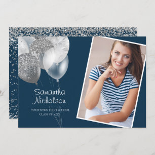 Navy Blue Silver Glitter Balloons Grad Party Photo Invitation