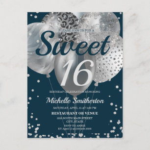 Navy Blue Silver Glitter Balloons Sweet 16 Postcard