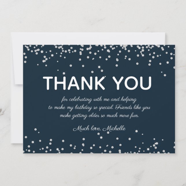 Navy Blue Silver Glitter Birthday Thank You Card (Front)