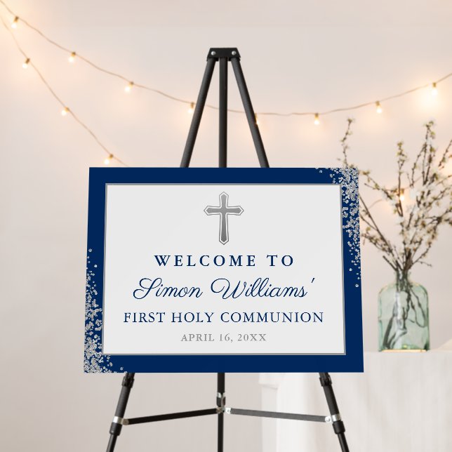 Navy Blue Silver Glitter Boy First Holy Communion Foam Board (In Situ (Stand))