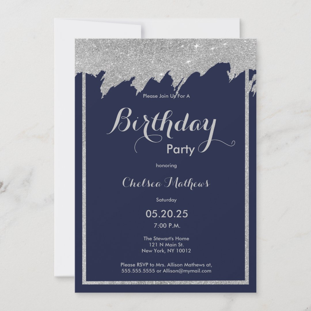 Navy blue silver glitter brushstrokes Birthday Invitation | Zazzle