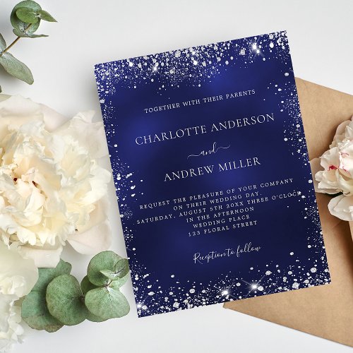 Navy blue silver glitter budget wedding invitation