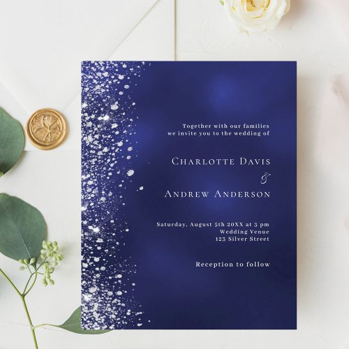 Navy blue silver glitter budget wedding invitation