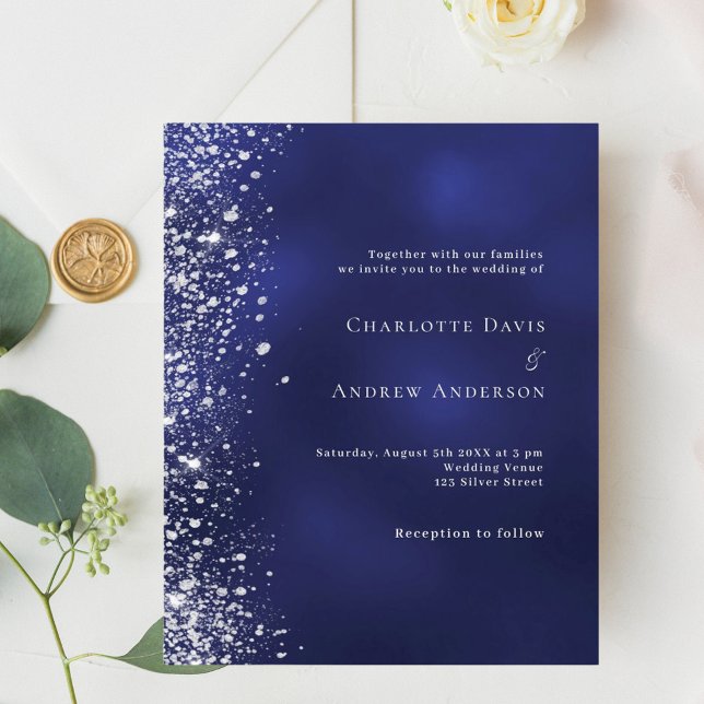 Navy blue silver glitter budget wedding invitation (Creator Uploaded)