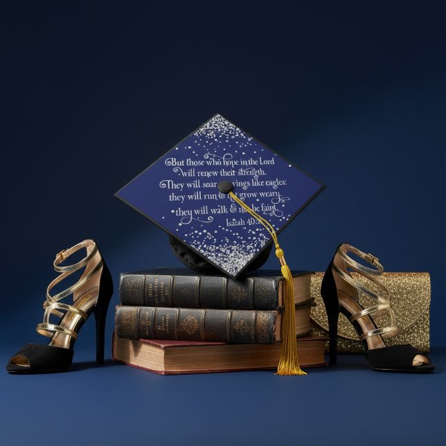 Navy Blue Silver Glitter Christian Verse Isaiah 40 Graduation Cap Topper (Navy Blue Silver Glitter Christian Verse Isaiah 40 Graduation Cap Topper)