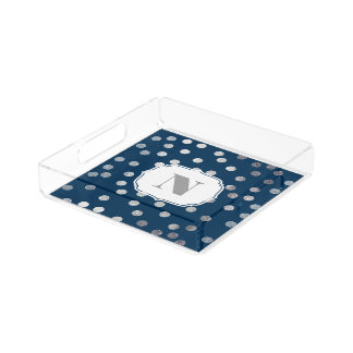 Navy Blue Silver Glitter City Dots Monogram Tray