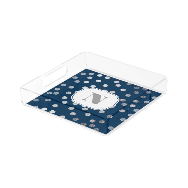 Navy Blue Silver Glitter City Dots Monogram Tray (Angled)