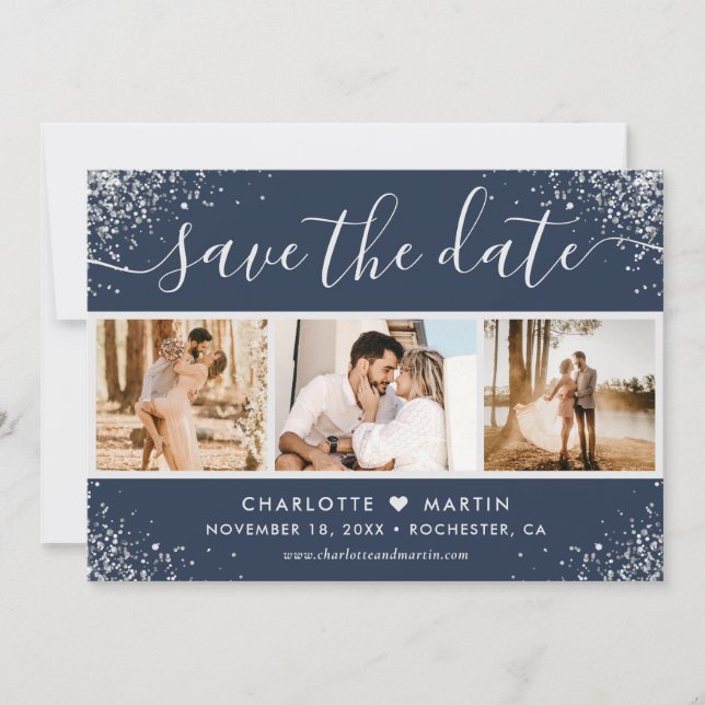 Navy Blue Silver Glitter Confetti Wedding 3 Photo Save The Date (Front)