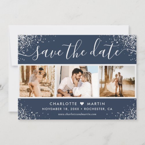 Navy Blue Silver Glitter Confetti Wedding 3 Photo Save The Date