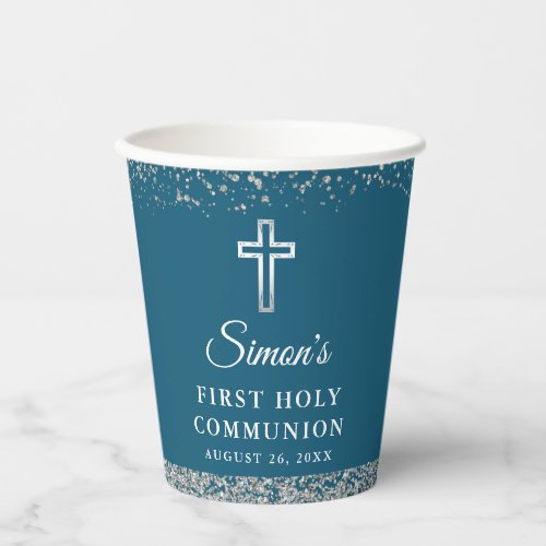Navy Blue Silver Glitter Cross 1st Holy Communion Paper Cups