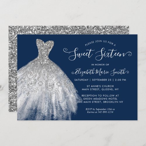 Navy Blue Silver Glitter Dress Sweet 16 Birthday Invitation
