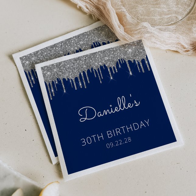 Navy Blue Silver Glitter Drip 30th Birthday Party Napkins (Creator Uploaded)