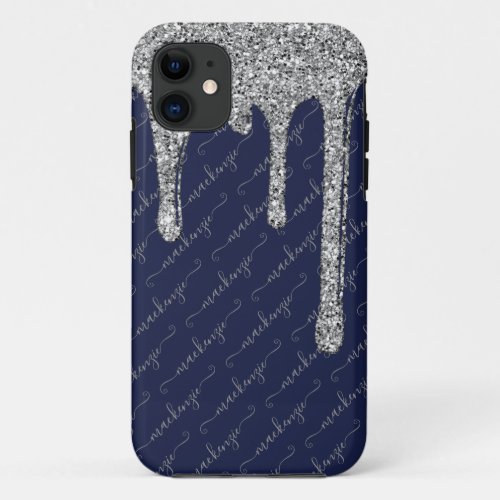 Navy Blue Silver Glitter Drips Handwritten Name iPhone 11 Case