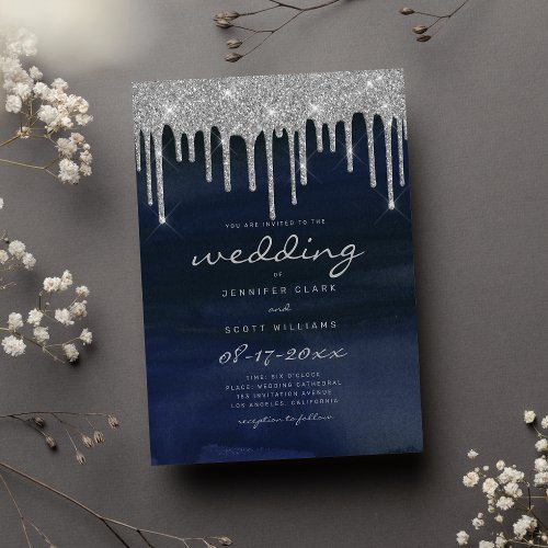 Navy blue silver glitter drips script wedding invitation