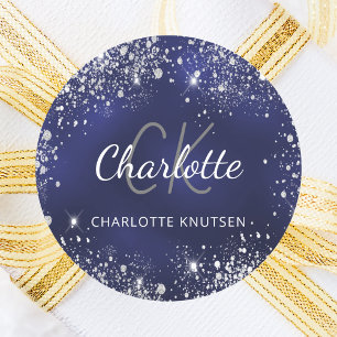 Navy blue silver glitter dust monogram name classic round sticker