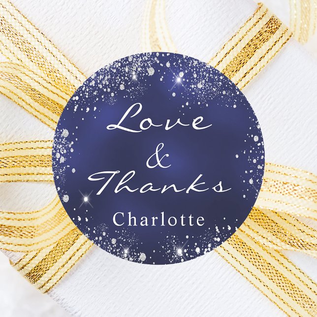 Navy blue silver glitter dust monogram thank you classic round sticker (Creator Uploaded)