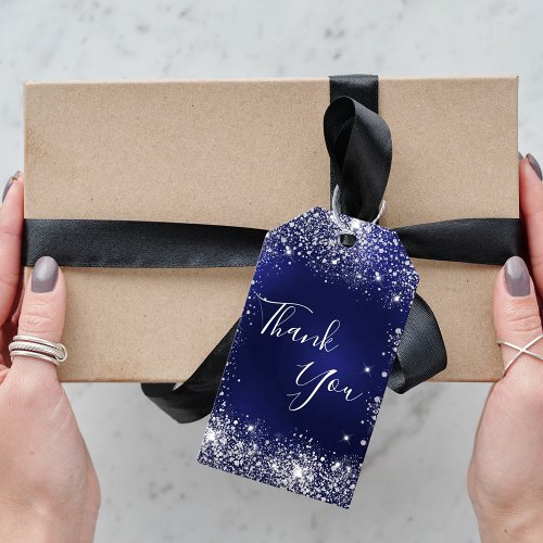 Navy blue silver glitter dust monogram thank you gift tags