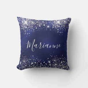 Navy blue silver glitter dust name script throw pillow