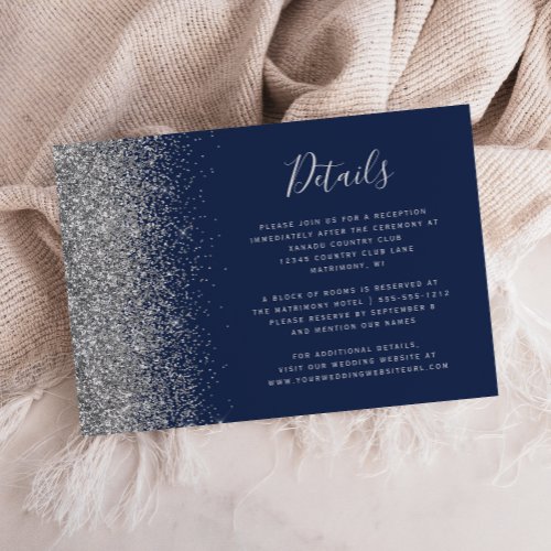 Navy Blue Silver Glitter Edge Wedding Details Enclosure Card
