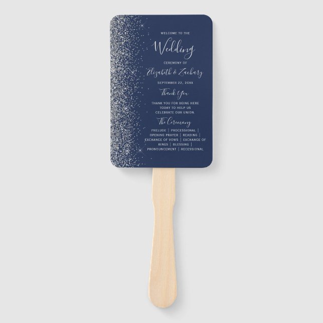 Navy Blue Silver Glitter Edge Wedding Program Hand Fan (Front)