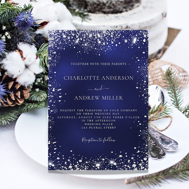 Navy blue silver glitter elegant luxury wedding invitation (Creator Uploaded)