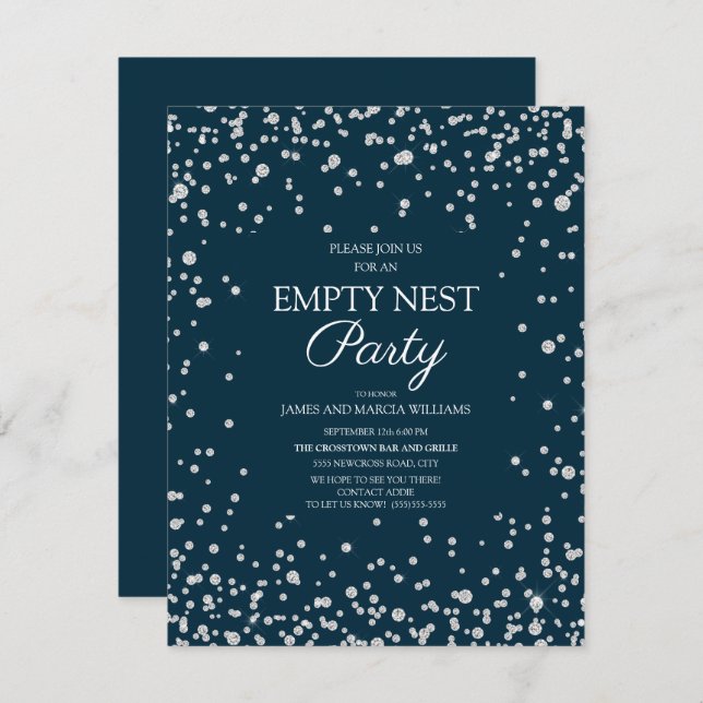 Navy Blue Silver Glitter Empty Nest Party Card (Front/Back)