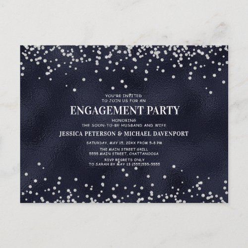 Navy Blue Silver Glitter Engagement Party Postcard