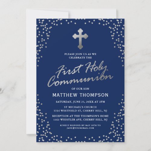 Navy Blue Silver Glitter First Holy Communion Invitation