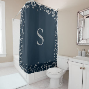 Navy Blue Silver Glitter Frame Monogram Initial Shower Curtain