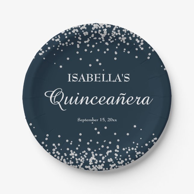 Navy Blue Silver Glitter Girls Quinceanera Paper Plates (Front)