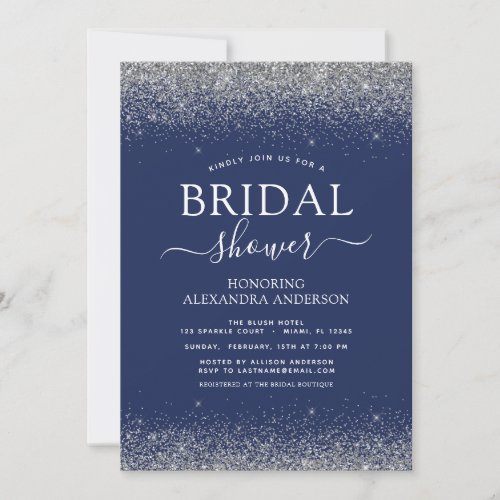 Navy Blue Silver Glitter Girly Bridal Shower Invitation