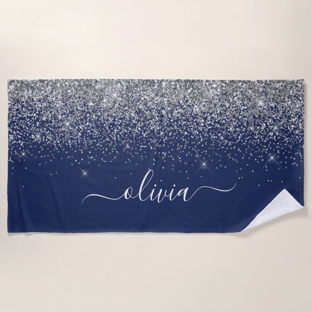Navy Blue Silver Glitter Girly Monogram Name Beach Towel (Front)