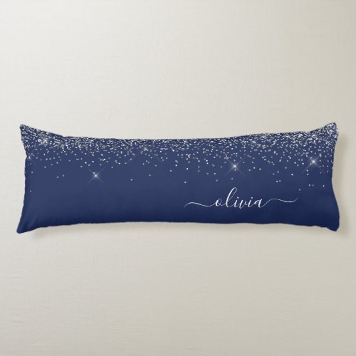 Navy Blue Silver Glitter Girly Monogram Name Body Pillow