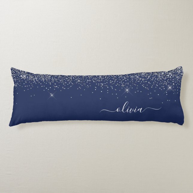 Navy Blue Silver Glitter Girly Monogram Name Body Pillow (Front)