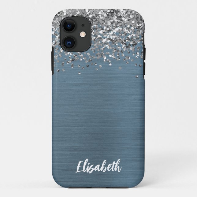 Navy Blue Silver Glitter Girly Monogram Name Case-Mate iPhone Case (Back)