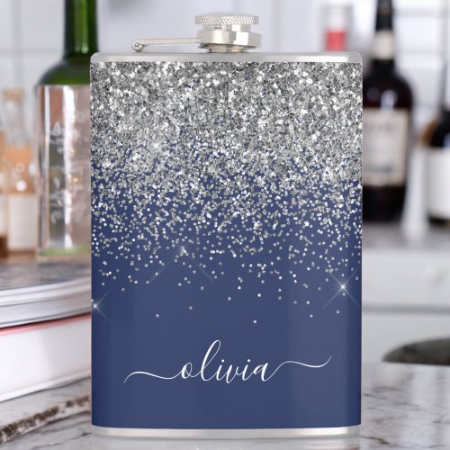Navy Blue Silver Glitter Girly Monogram Name Flask