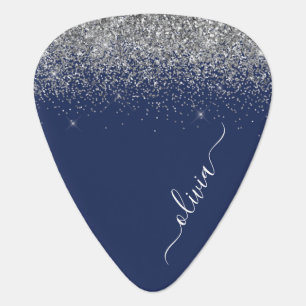 Navy Blue Silver Glitter Girly Monogram Name Guitar Pick