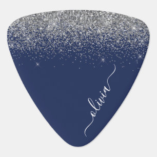 Navy Blue Silver Glitter Girly Monogram Name Guitar Pick