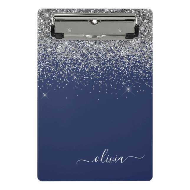 Navy Blue Silver Glitter Girly Monogram Name Mini Clipboard (Front)