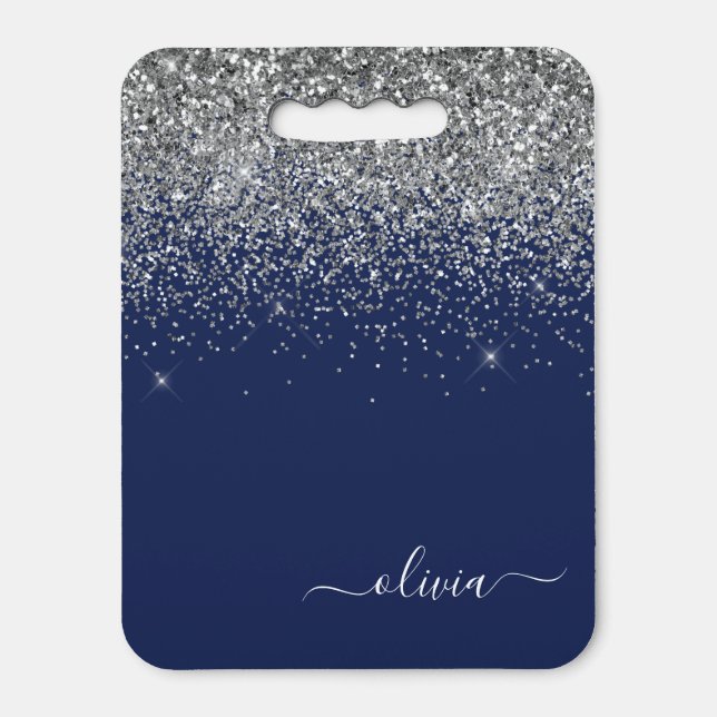Navy Blue Silver Glitter Girly Monogram Name Seat Cushion (Front Vertical)