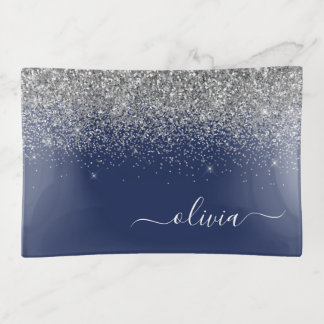 Navy Blue Silver Glitter Girly Monogram Name Trinket Tray
