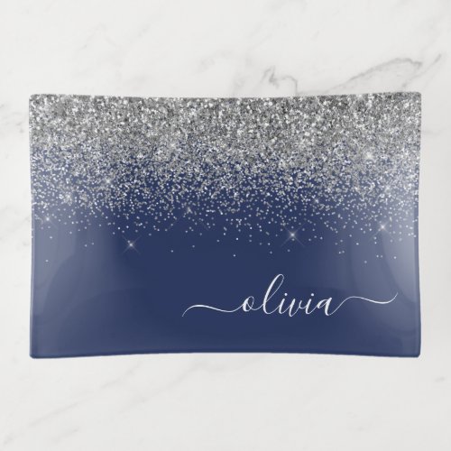 Navy Blue Silver Glitter Girly Monogram Name Trinket Tray