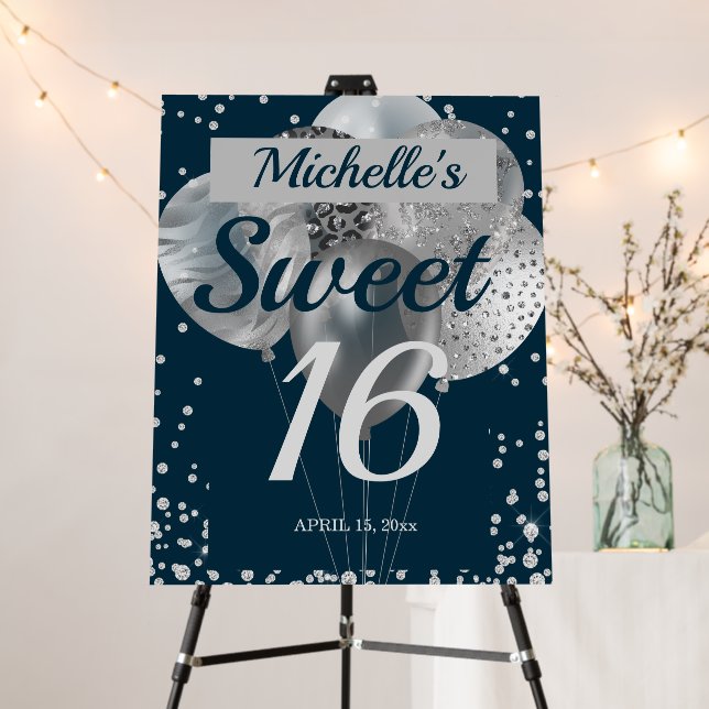 Navy Blue Silver Glitter Glam Balloons Sweet 16 Foam Board (In Situ (Stand))