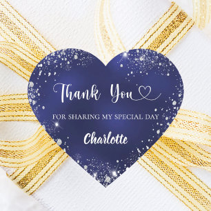 Navy blue silver glitter heart thank you birthday heart sticker