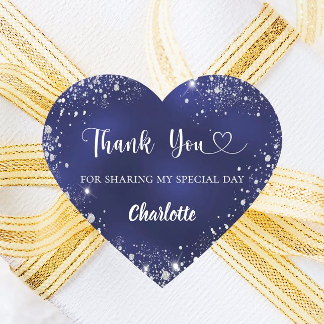 Navy blue silver glitter heart thank you birthday sticker (Creator Uploaded)