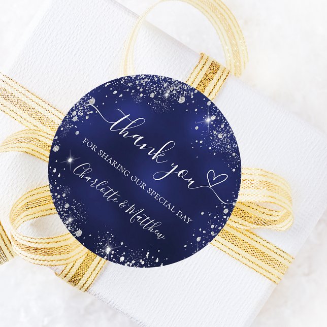 Navy blue silver glitter heart thank you wedding classic round sticker (Creator Uploaded)