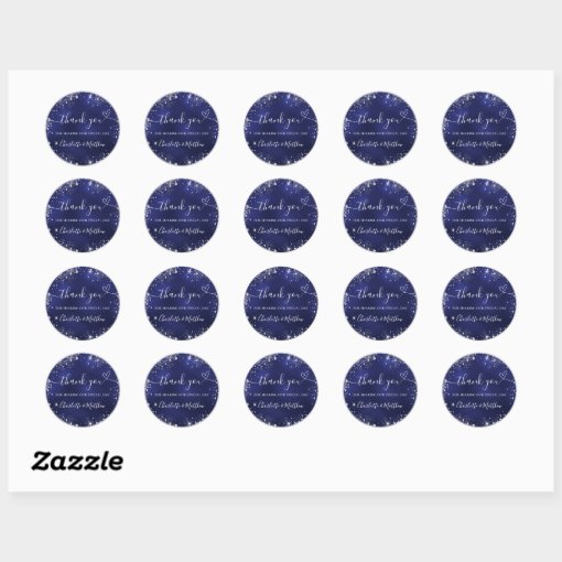 Navy blue silver glitter heart thank you wedding classic round sticker