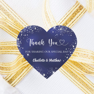 Navy blue silver glitter heart thank you wedding sticker